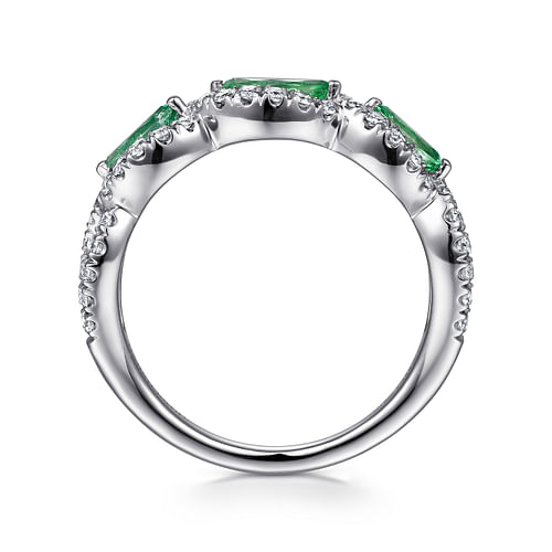 14K White Gold Twisted Diamond Rows and Emerald Marquise Stones Ring