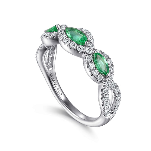 14K White Gold Twisted Diamond Rows and Emerald Marquise Stones Ring