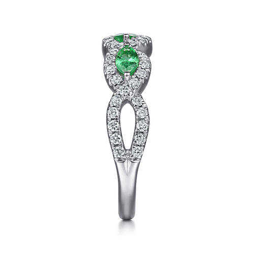 14K White Gold Twisted Diamond Rows and Emerald Marquise Stones Ring