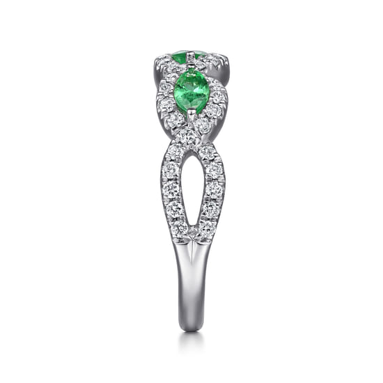 14K White Gold Twisted Diamond Rows and Emerald Marquise Stones Ring angle 4 14K White Gold Twisted Diamond Rows and Emerald Marquise Stones Ring angle 4