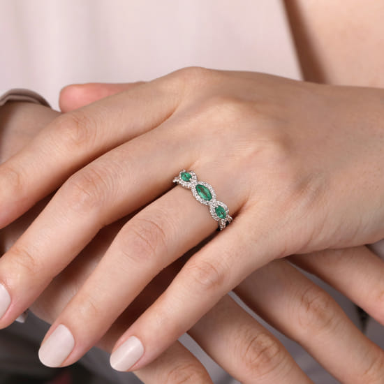 14K White Gold Twisted Diamond Rows and Emerald Marquise Stones Ring angle 5 14K White Gold Twisted Diamond Rows and Emerald Marquise Stones Ring angle 5