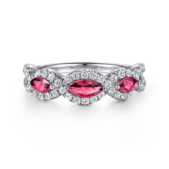 14K White Gold Twisted Diamond Rows and Ruby Marquise Stones Ring 14K White Gold Twisted Diamond Rows and Ruby Marquise Stones Ring
