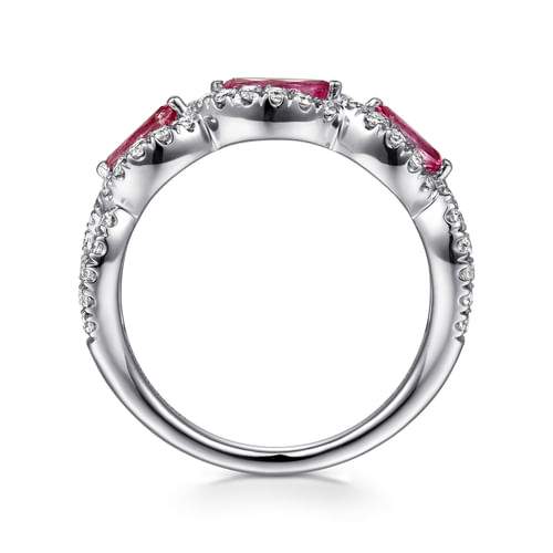 14K White Gold Twisted Diamond Rows and Ruby Marquise Stones Ring