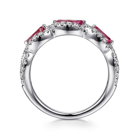 14K White Gold Twisted Diamond Rows and Ruby Marquise Stones Ring angle 2 14K White Gold Twisted Diamond Rows and Ruby Marquise Stones Ring angle 2