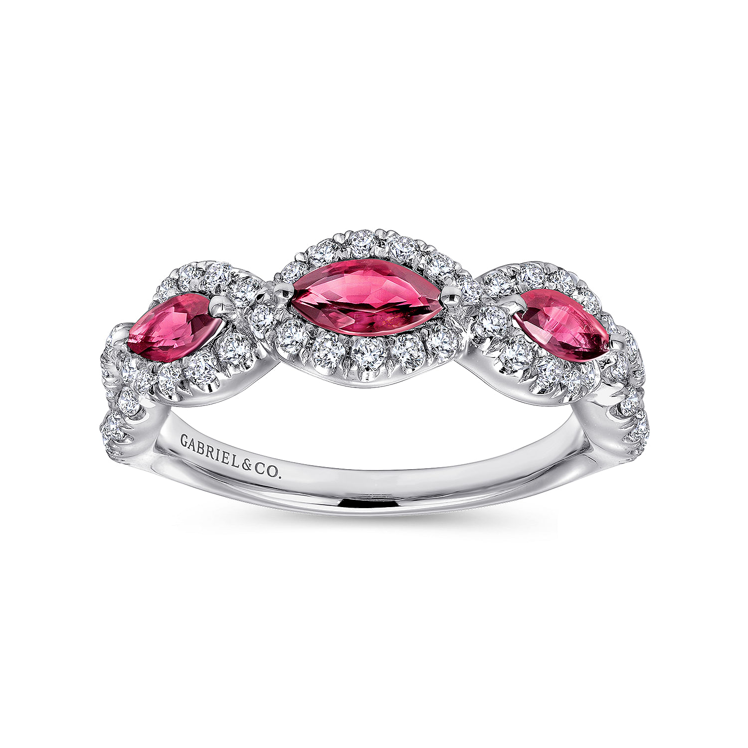 14K White Gold Twisted Diamond Rows and Ruby Marquise Stones Ring