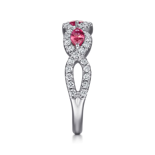 14K White Gold Twisted Diamond Rows and Ruby Marquise Stones Ring
