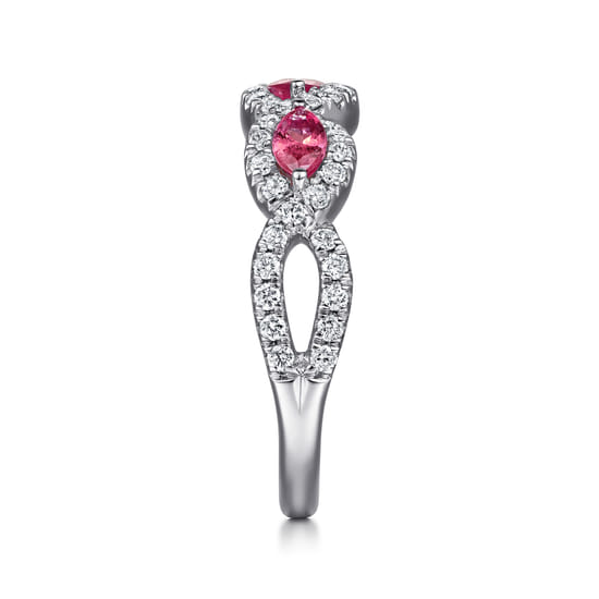 14K White Gold Twisted Diamond Rows and Ruby Marquise Stones Ring angle 4 14K White Gold Twisted Diamond Rows and Ruby Marquise Stones Ring angle 4