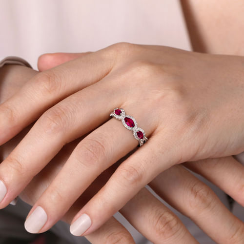 14K White Gold Twisted Diamond Rows and Ruby Marquise Stones Ring