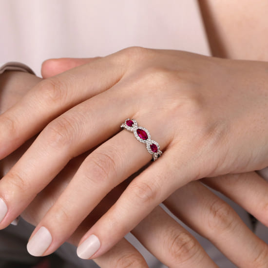14K White Gold Twisted Diamond Rows and Ruby Marquise Stones Ring angle 5 14K White Gold Twisted Diamond Rows and Ruby Marquise Stones Ring angle 5