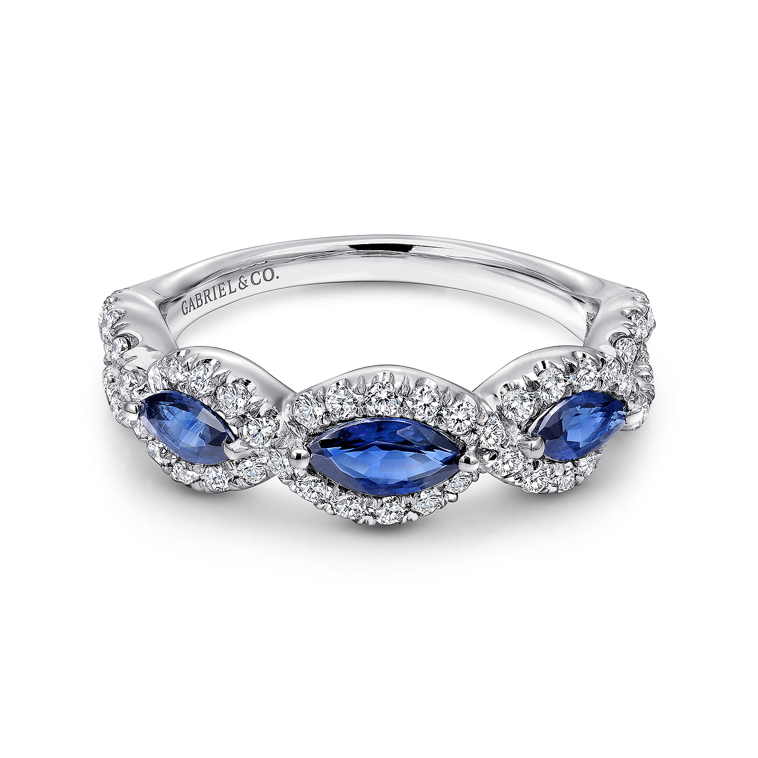 Gabriel - 14K White Gold Twisted Diamond Rows and Sapphire Marquise Stones Ring