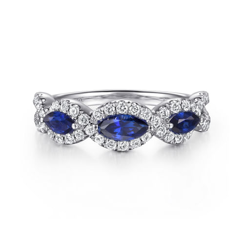 14K White Gold Twisted Diamond Rows and Sapphire Marquise Stones Ring