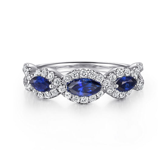 Gabriel - 14K White Gold Twisted Diamond Rows and Sapphire Marquise Stones Ring