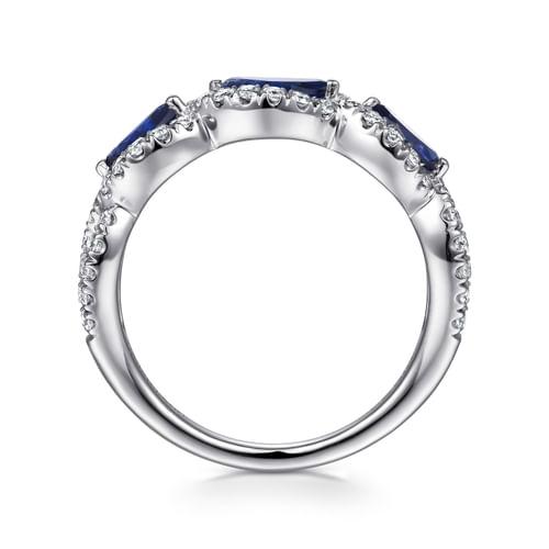 14K White Gold Twisted Diamond Rows and Sapphire Marquise Stones Ring