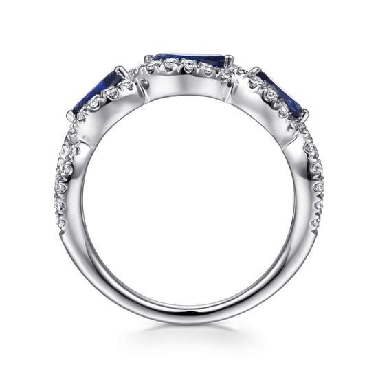 14K White Gold Twisted Diamond Rows and Sapphire Marquise Stones Ring angle 2 14K White Gold Twisted Diamond Rows and Sapphire Marquise Stones Ring angle 2