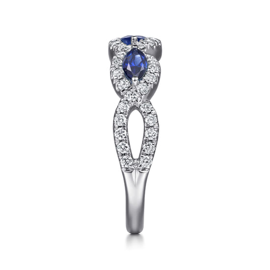 14K White Gold Twisted Diamond Rows and Sapphire Marquise Stones Ring angle 4 14K White Gold Twisted Diamond Rows and Sapphire Marquise Stones Ring angle 4