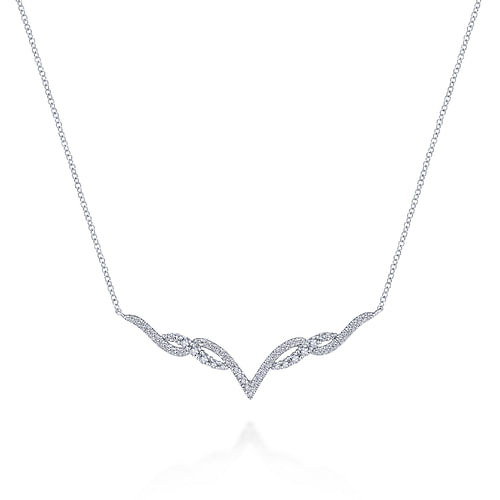 14K White Gold Twisted Diamond V Bar Necklace