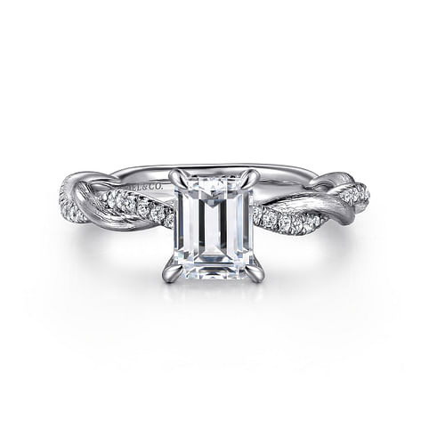 14K White Gold Twisted Emerald Cut Diamond Engagement Ring