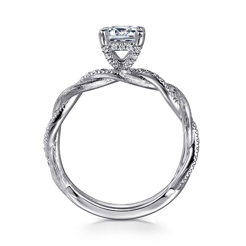 14K White Gold Twisted Emerald Cut Diamond Engagement Ring