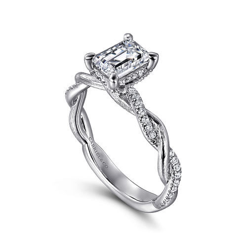 14K White Gold Twisted Emerald Cut Diamond Engagement Ring