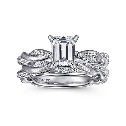 14K White Gold Twisted Emerald Cut Diamond Engagement Ring