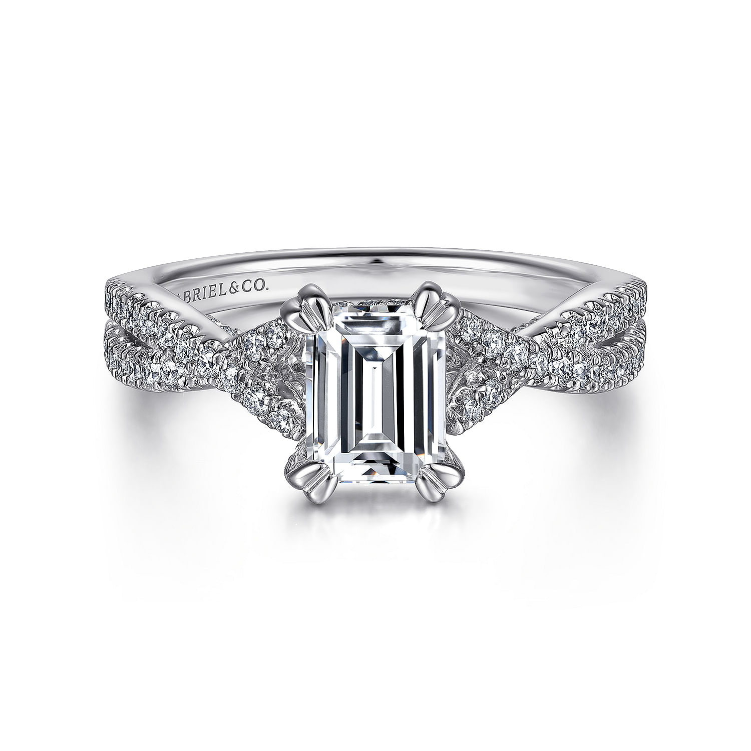 Gabriel - 14K White Gold Twisted Emerald Cut Diamond Engagement Ring