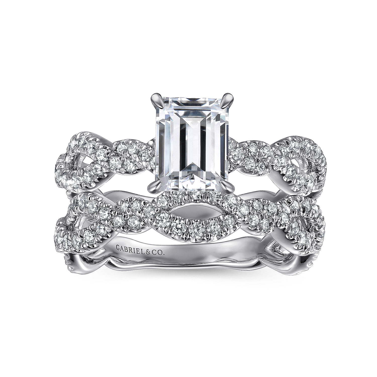 14K White Gold Twisted Emerald Cut Diamond Engagement Ring