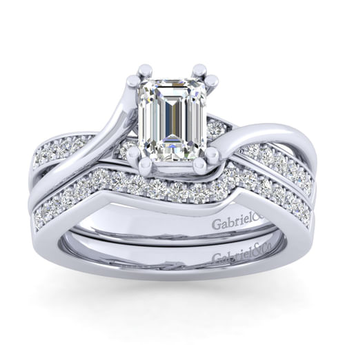 14K White Gold Twisted Emerald Cut Diamond Engagement Ring