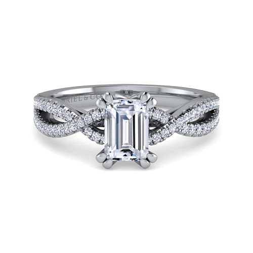 14K White Gold Twisted Emerald Cut Diamond Engagement Ring