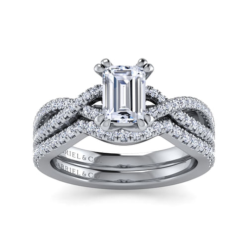 14K White Gold Twisted Emerald Cut Diamond Engagement Ring