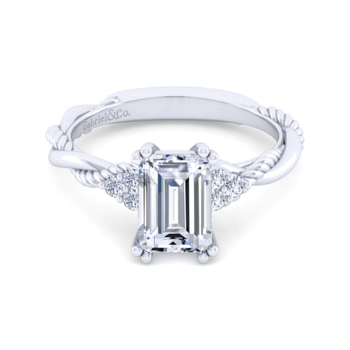 14K White Gold Twisted Emerald Cut Diamond Engagement Ring