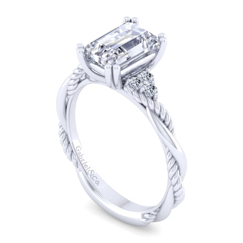 14K White Gold Twisted Emerald Cut Diamond Engagement Ring