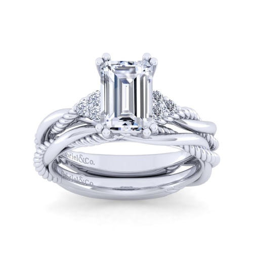 14K White Gold Twisted Emerald Cut Diamond Engagement Ring
