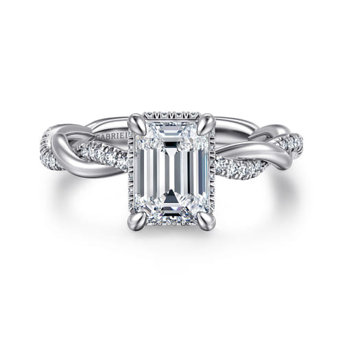 14K White Gold Twisted Emerald Cut Halo Diamond Engagement Ring