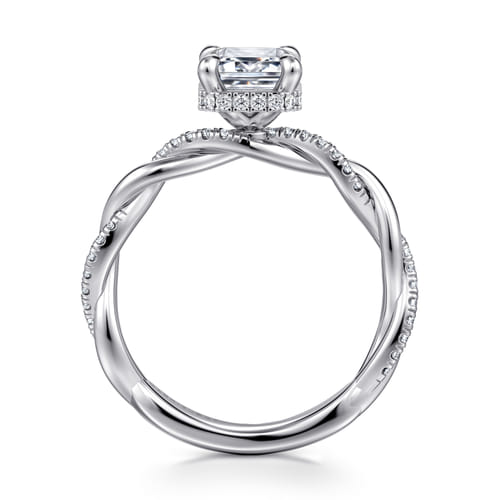 14K White Gold Twisted Emerald Cut Halo Diamond Engagement Ring