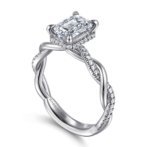 14K White Gold Twisted Emerald Cut Halo Diamond Engagement Ring