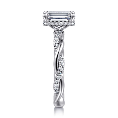 14K White Gold Twisted Emerald Cut Halo Diamond Engagement Ring