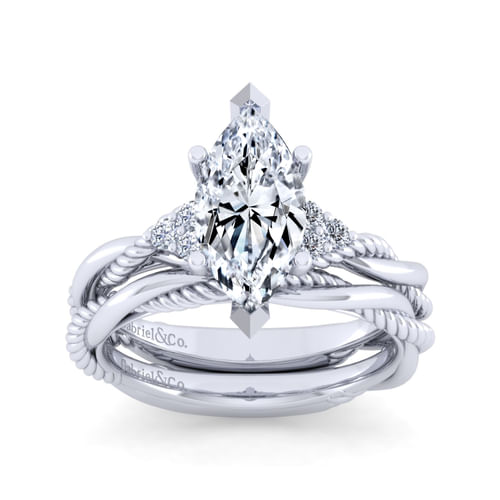 14K White Gold Twisted Marquise Diamond Engagement Ring