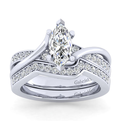 14K White Gold Twisted Marquise Shape Diamond Engagement Ring