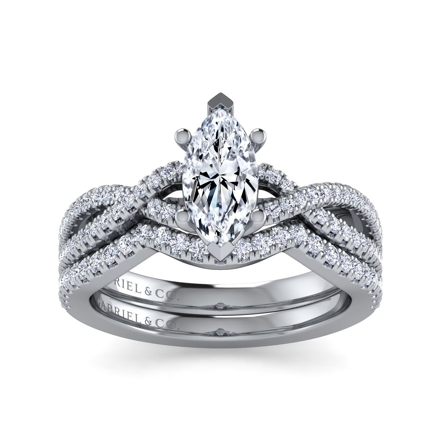14K White Gold Twisted Marquise Shape Diamond Engagement Ring