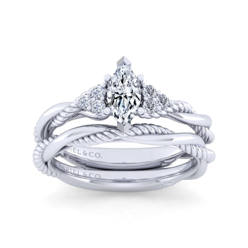 14K White Gold Twisted Marquise Shape Diamond Engagement Ring