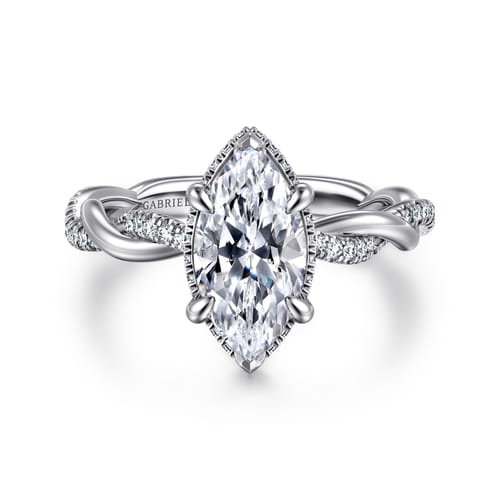 14K White Gold Twisted Marquise Shape Halo Diamond Engagement Ring