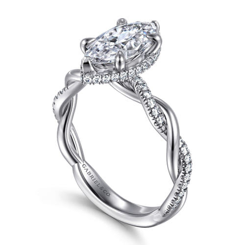 14K White Gold Twisted Marquise Shape Halo Diamond Engagement Ring