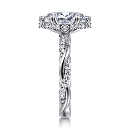 14K White Gold Twisted Marquise Shape Halo Diamond Engagement Ring