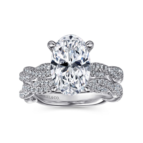 14K White Gold Twisted Oval Diamond Engagement Ring