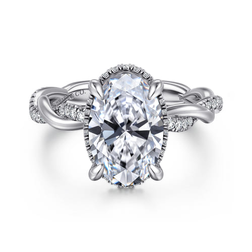 14K White Gold Twisted Oval Halo Diamond Engagement Ring