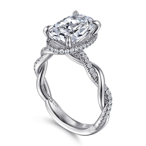 14K White Gold Twisted Oval Halo Diamond Engagement Ring