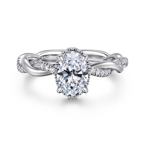 14K White Gold Twisted Oval Halo Diamond Engagement Ring