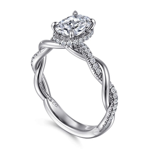 14K White Gold Twisted Oval Halo Diamond Engagement Ring