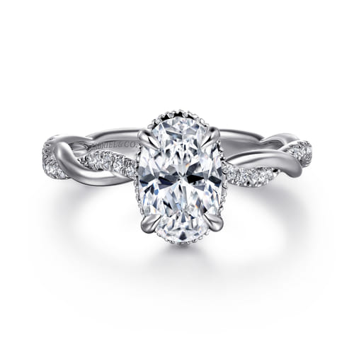 14K White Gold Twisted Oval Halo Diamond Engagement Ring