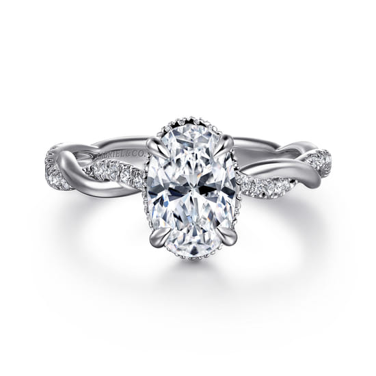 Gabriel - 14K White Gold Twisted Oval Halo Diamond Engagement Ring